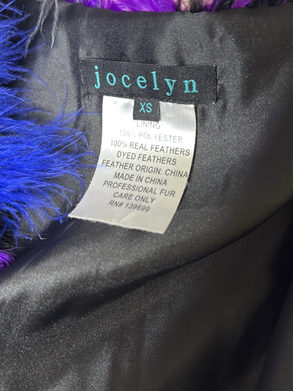 jocelyn Feather Bomber Jacket Unique Fun XS Multicolor Blue Purple Gray Black - Picture 6 of 6